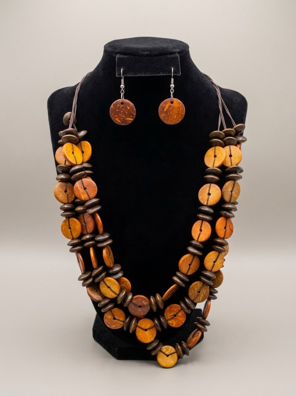 Paparazzi Wooden Disc Layered Necklace & Matching Earrings Set NWOT